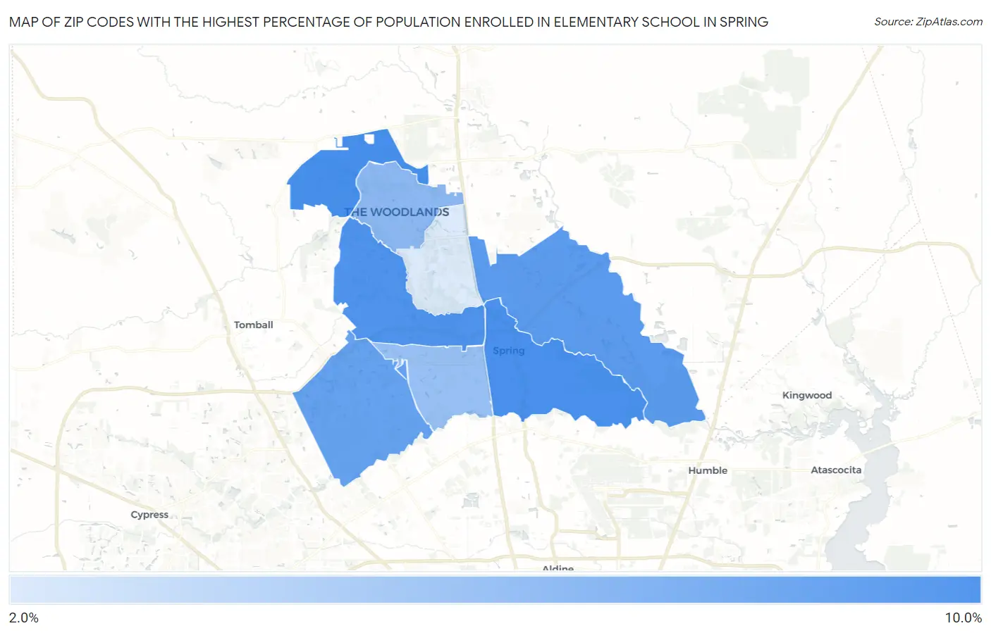 Zip Codes with the Highest Percentage of Population Enrolled in Elementary School in Spring Map