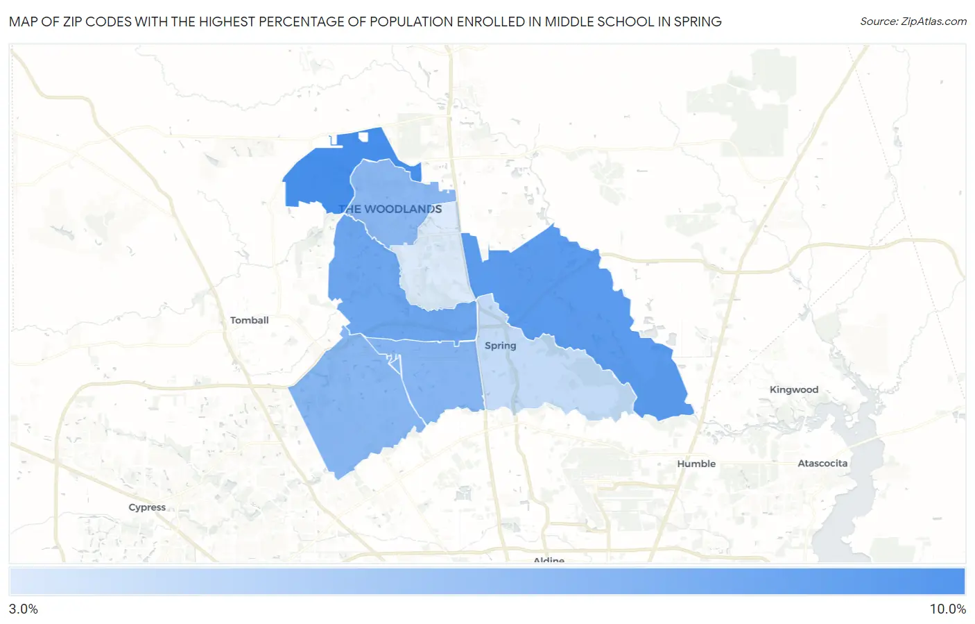 Zip Codes with the Highest Percentage of Population Enrolled in Middle School in Spring Map