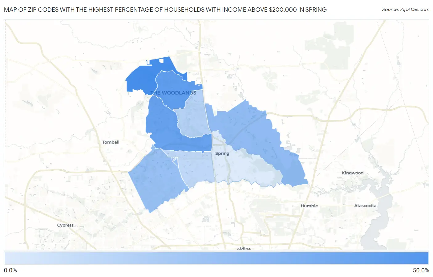 Zip Codes with the Highest Percentage of Households with Income Above $200,000 in Spring Map