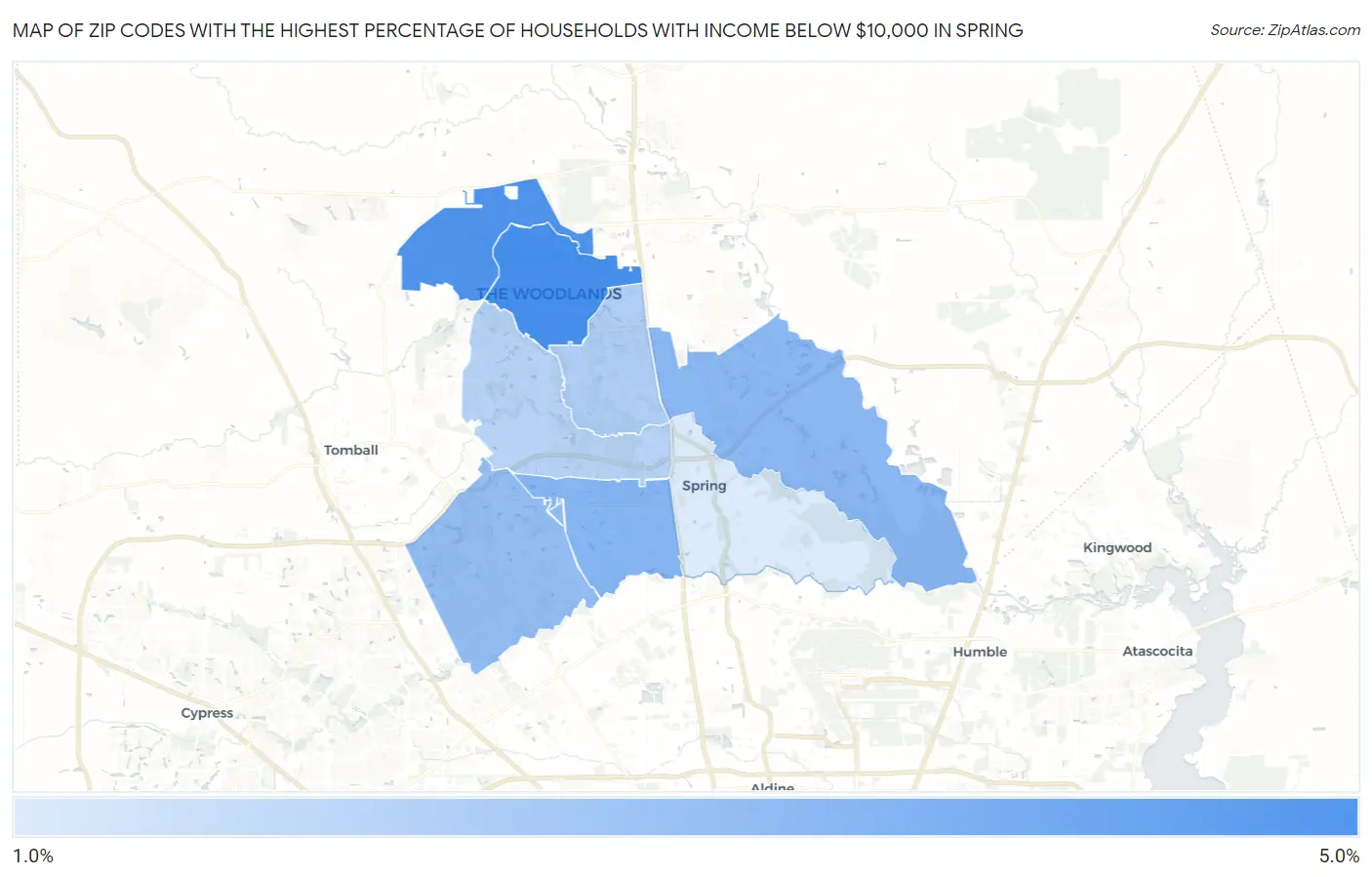 Zip Codes with the Highest Percentage of Households with Income Below $10,000 in Spring Map
