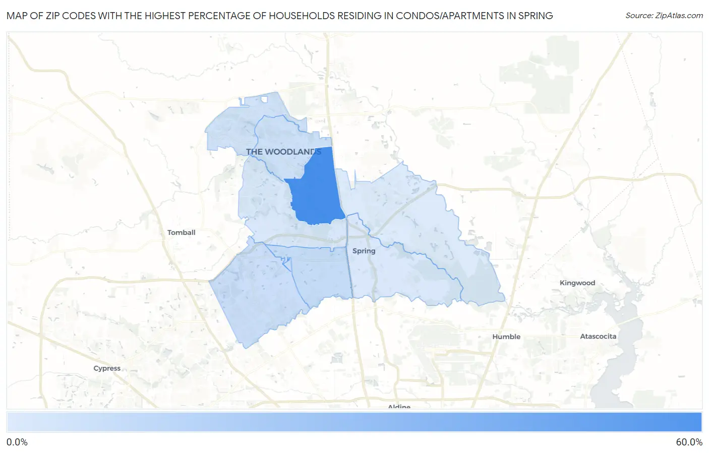 Zip Codes with the Highest Percentage of Households Residing in Condos/Apartments in Spring Map