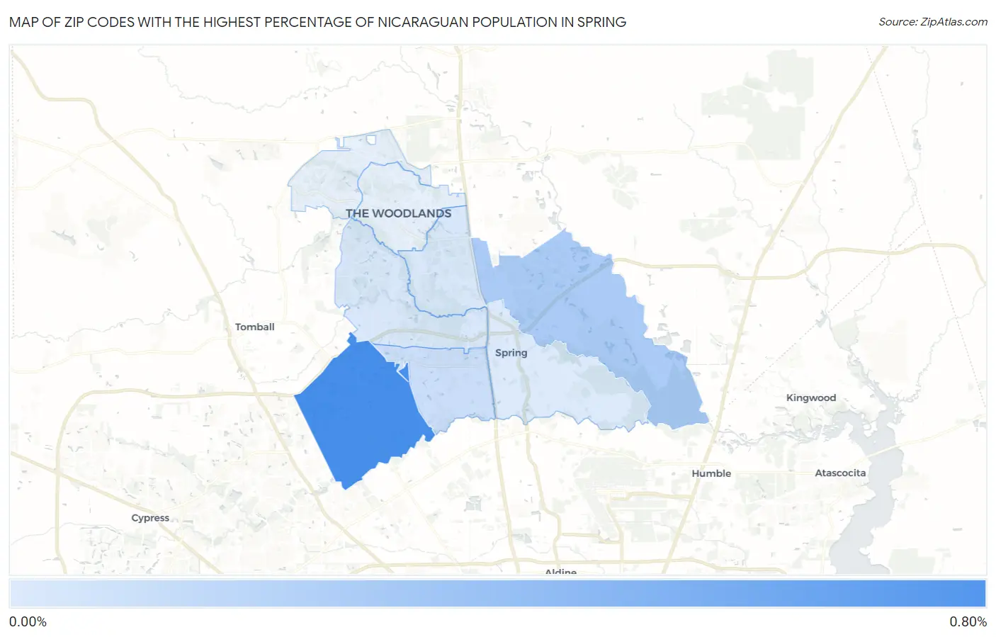 Zip Codes with the Highest Percentage of Nicaraguan Population in Spring Map