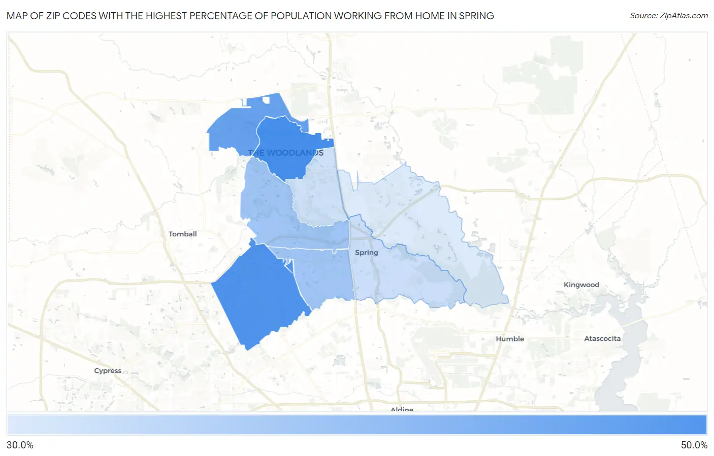Zip Codes with the Highest Percentage of Population Working from Home in Spring Map