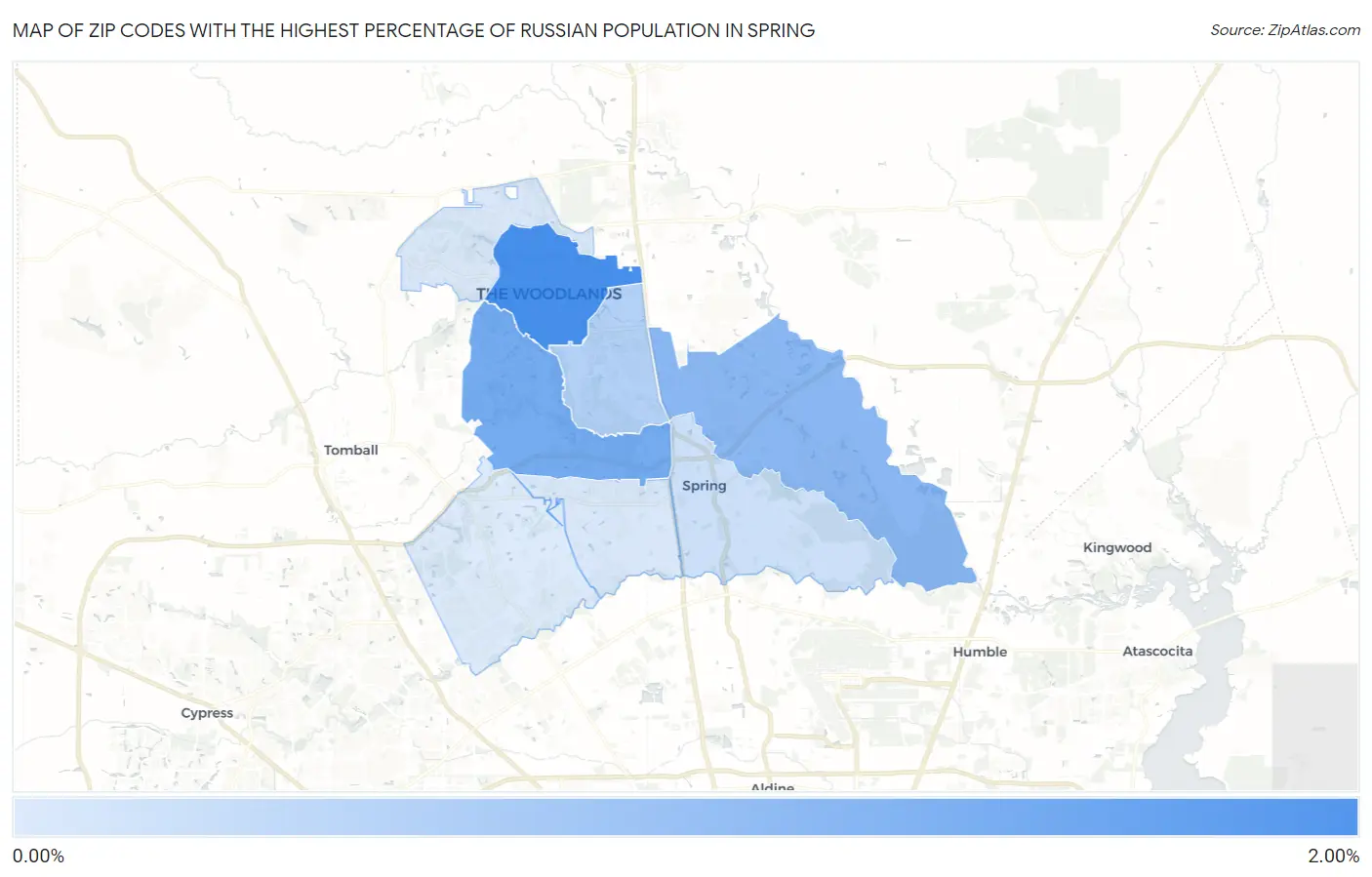 Zip Codes with the Highest Percentage of Russian Population in Spring Map