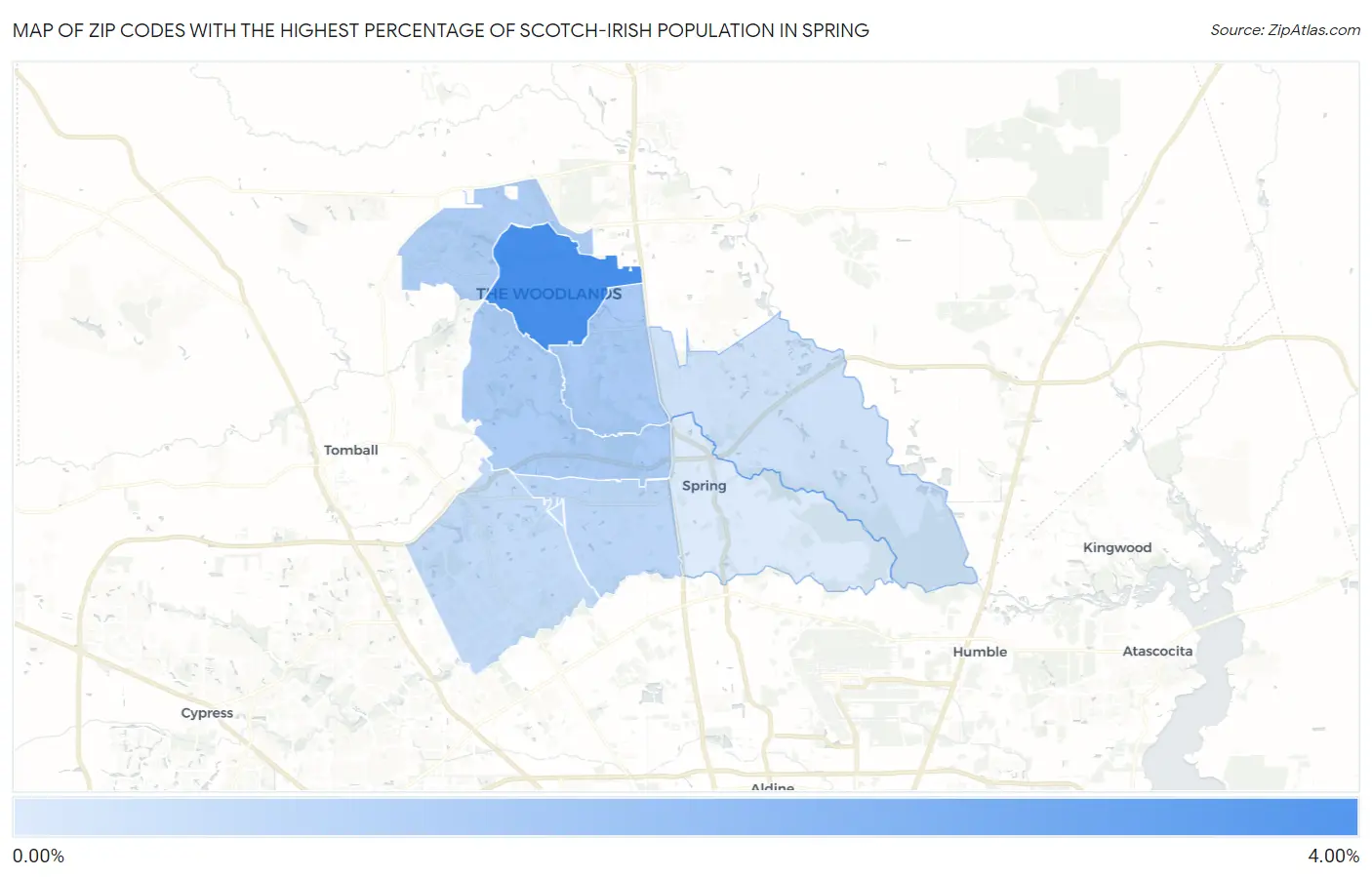 Zip Codes with the Highest Percentage of Scotch-Irish Population in Spring Map