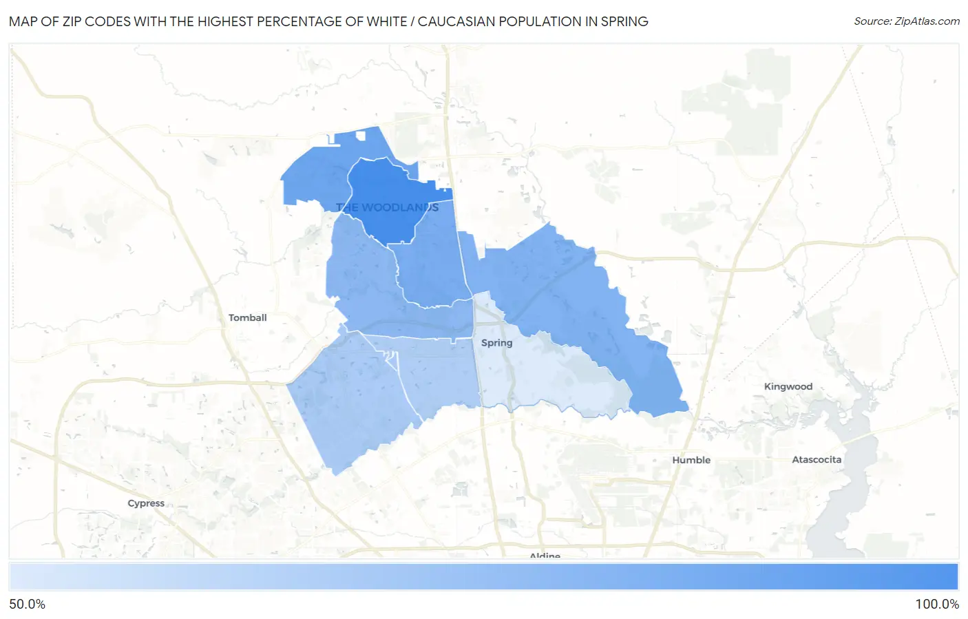 Zip Codes with the Highest Percentage of White / Caucasian Population in Spring Map