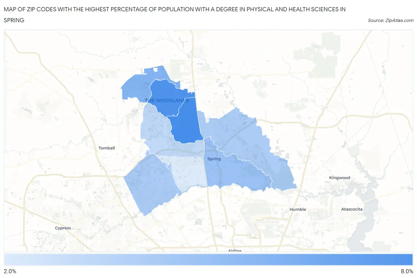 Zip Codes with the Highest Percentage of Population with a Degree in Physical and Health Sciences in Spring Map