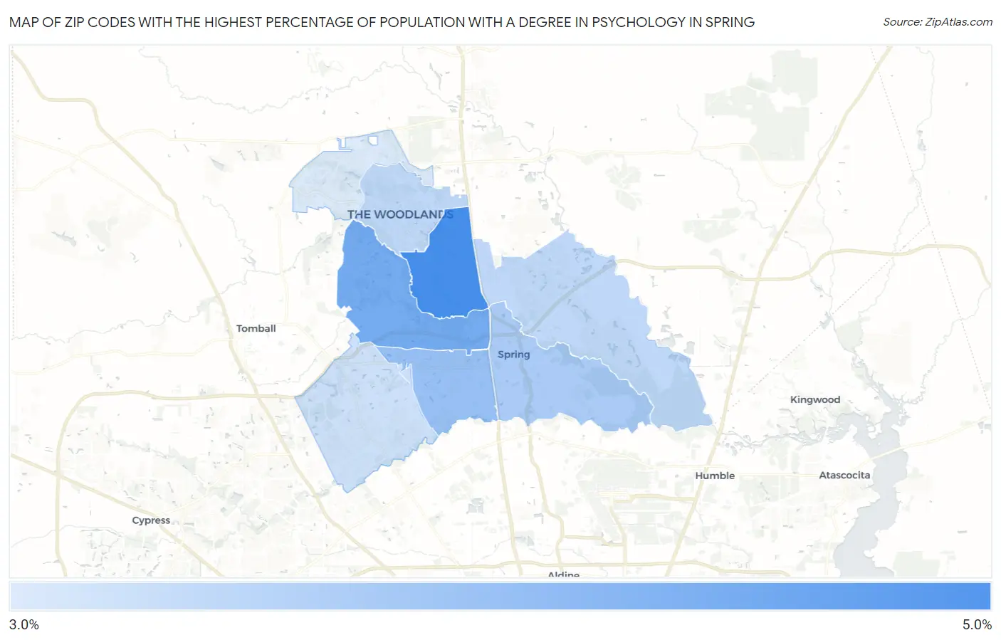 Zip Codes with the Highest Percentage of Population with a Degree in Psychology in Spring Map