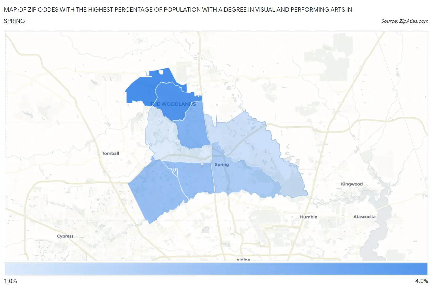 Zip Codes with the Highest Percentage of Population with a Degree in Visual and Performing Arts in Spring Map