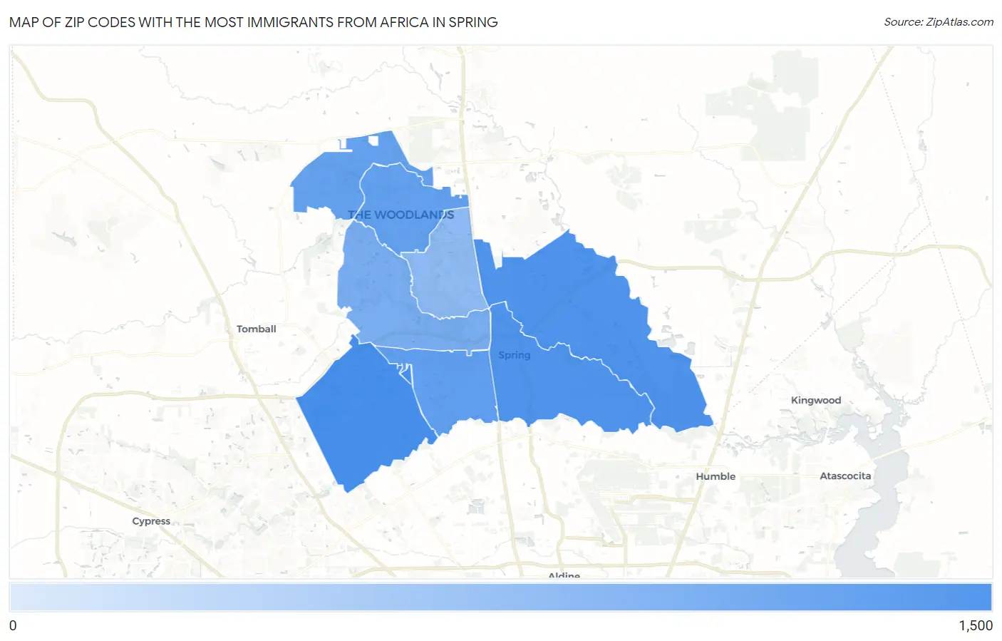 Zip Codes with the Most Immigrants from Africa in Spring Map