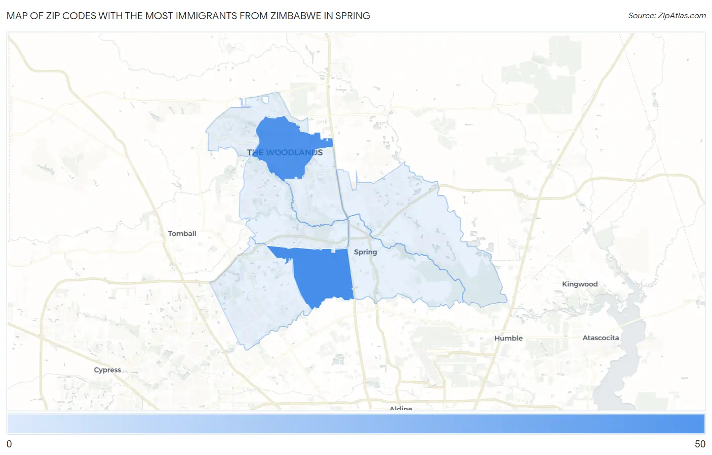 Zip Codes with the Most Immigrants from Zimbabwe in Spring Map