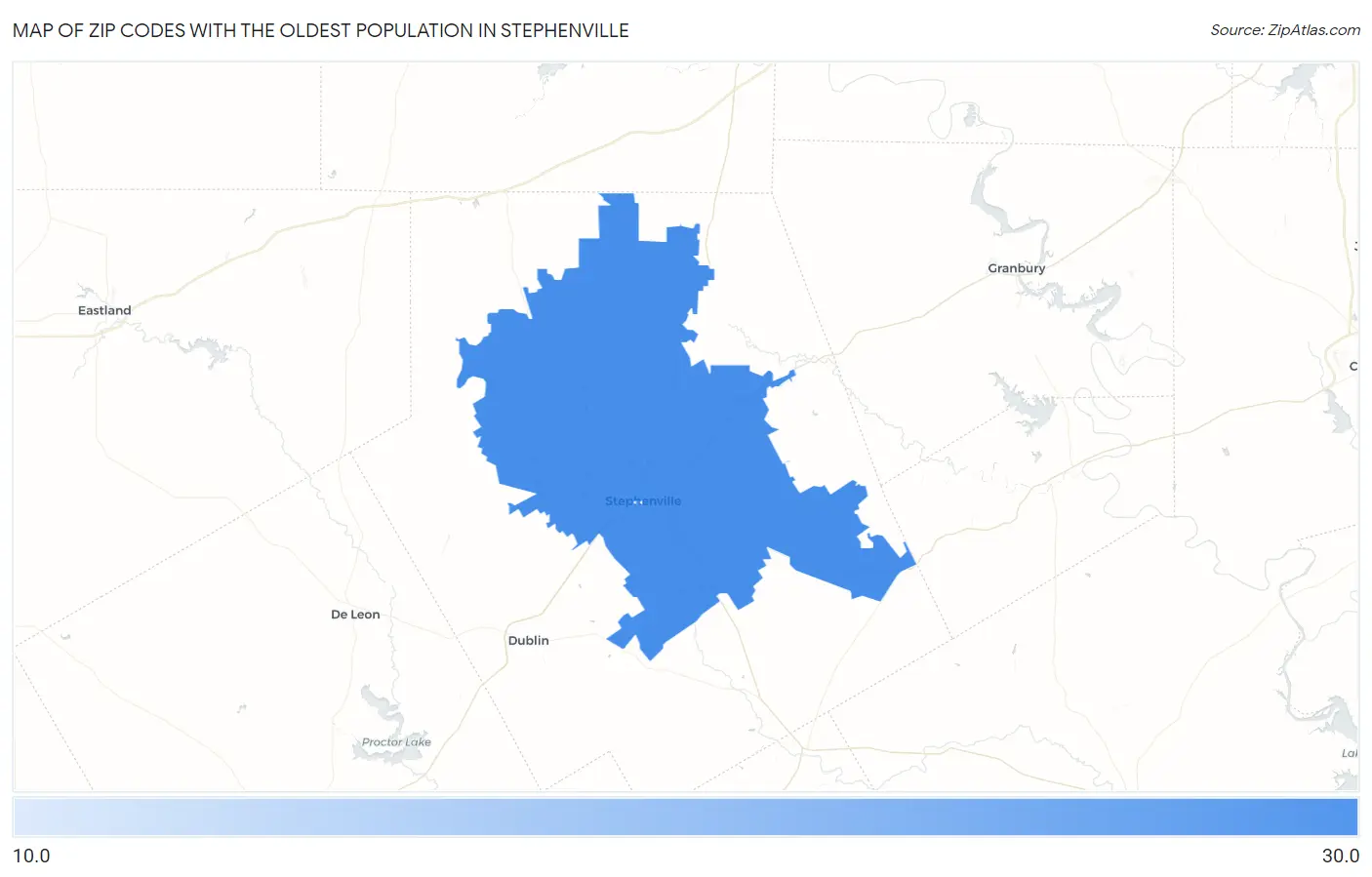 Zip Codes with the Oldest Population in Stephenville Map