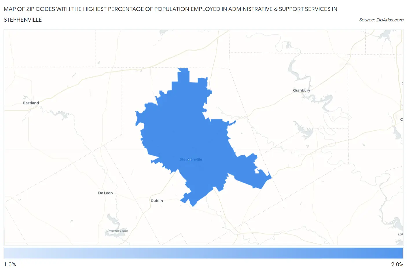 Zip Codes with the Highest Percentage of Population Employed in Administrative & Support Services in Stephenville Map