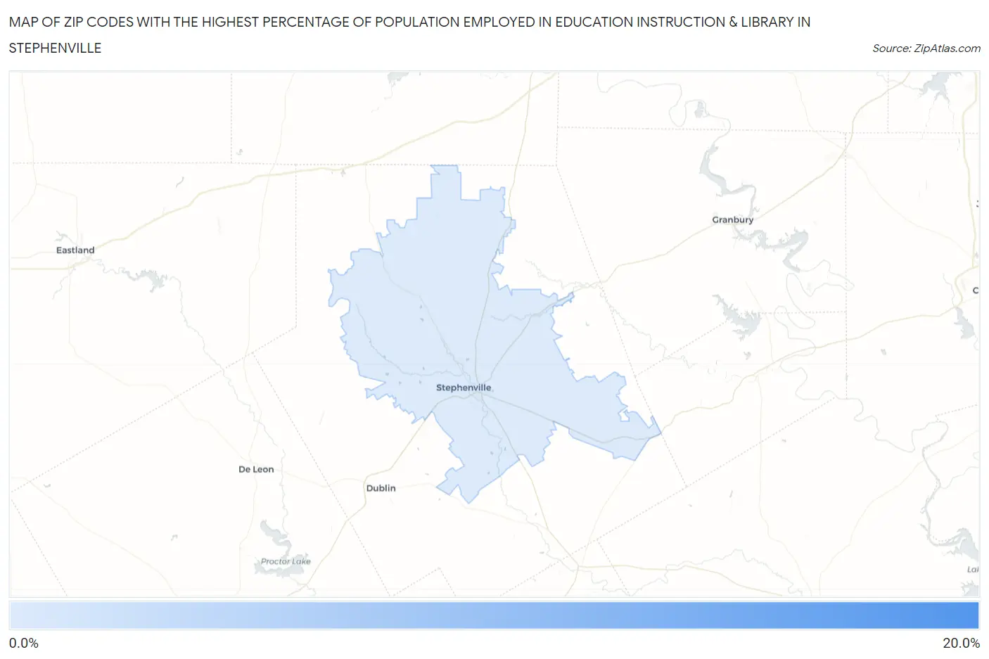 Zip Codes with the Highest Percentage of Population Employed in Education Instruction & Library in Stephenville Map