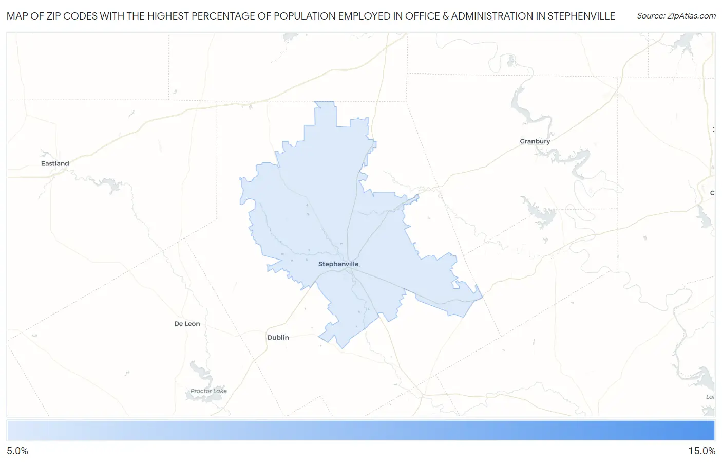 Zip Codes with the Highest Percentage of Population Employed in Office & Administration in Stephenville Map