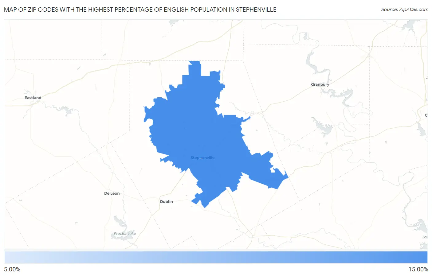 Zip Codes with the Highest Percentage of English Population in Stephenville Map