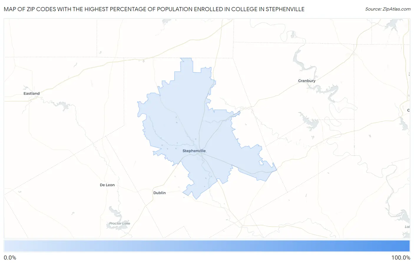 Zip Codes with the Highest Percentage of Population Enrolled in College in Stephenville Map