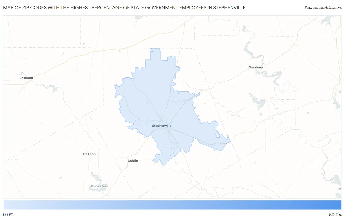 Zip Codes with the Highest Percentage of State Government Employees in Stephenville Map