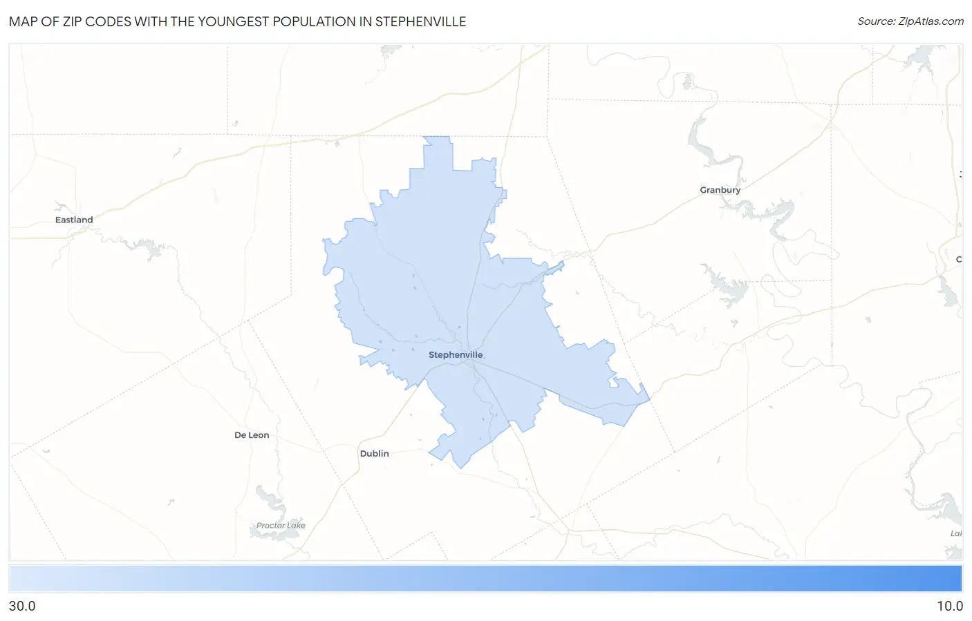 Zip Codes with the Youngest Population in Stephenville Map
