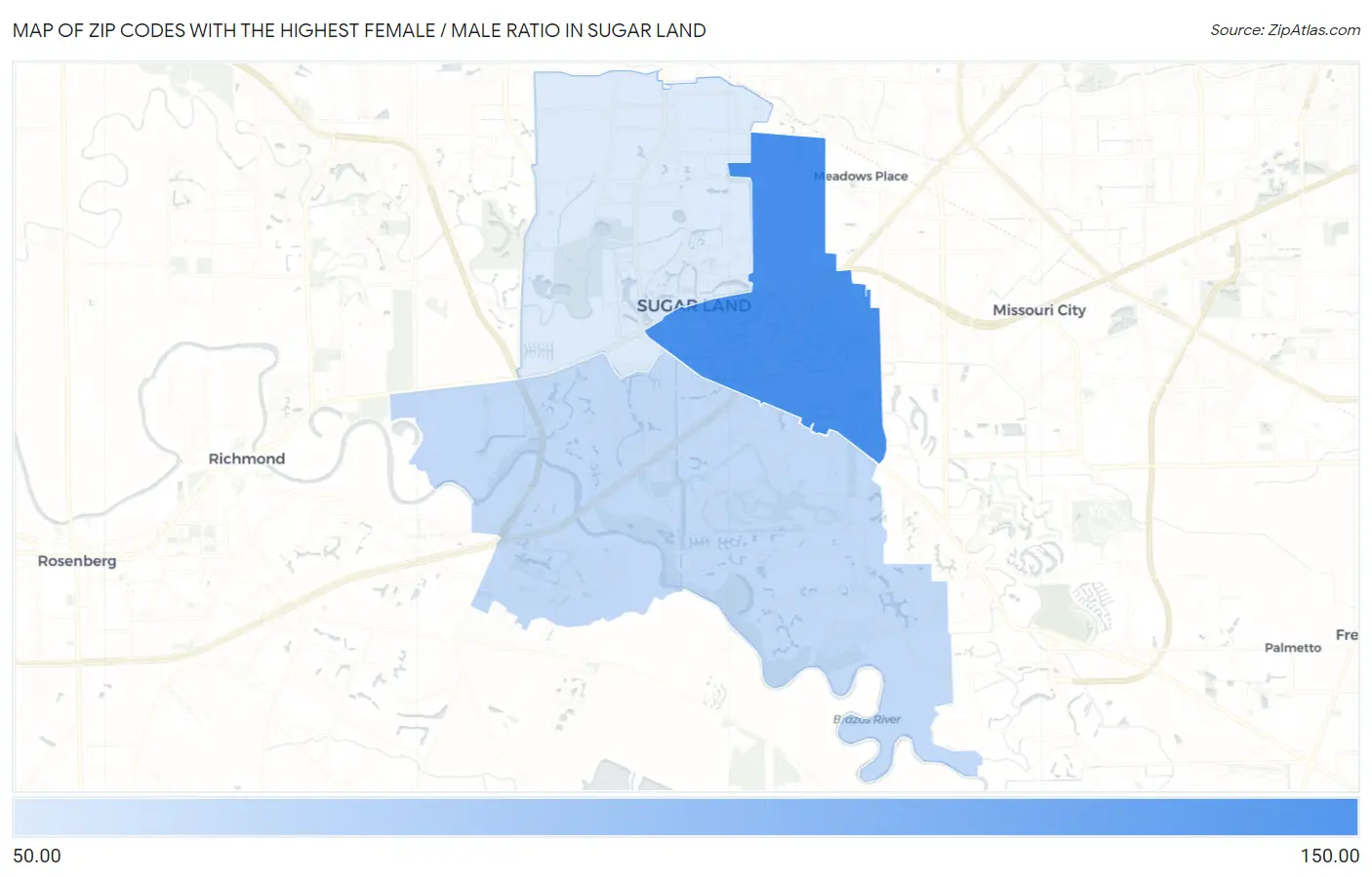 Zip Codes with the Highest Female / Male Ratio in Sugar Land Map