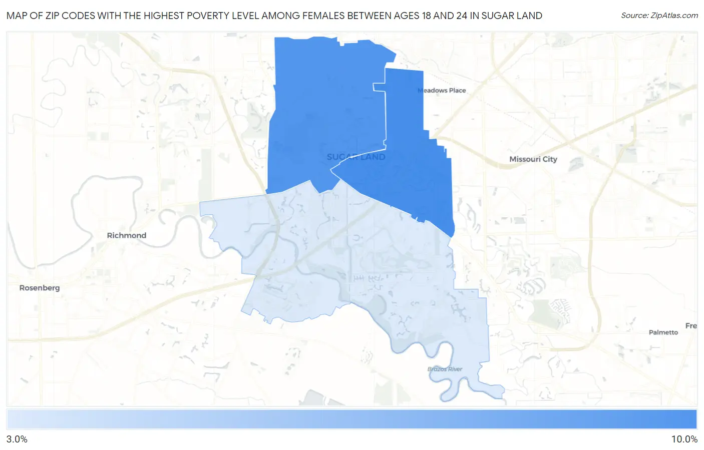 Zip Codes with the Highest Poverty Level Among Females Between Ages 18 and 24 in Sugar Land Map