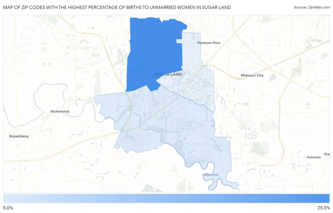 Zip Codes with the Highest Percentage of Births to Unmarried Women in Sugar Land Map