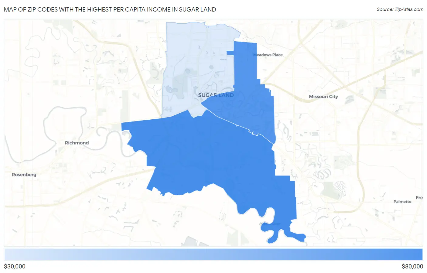 Zip Codes with the Highest Per Capita Income in Sugar Land Map