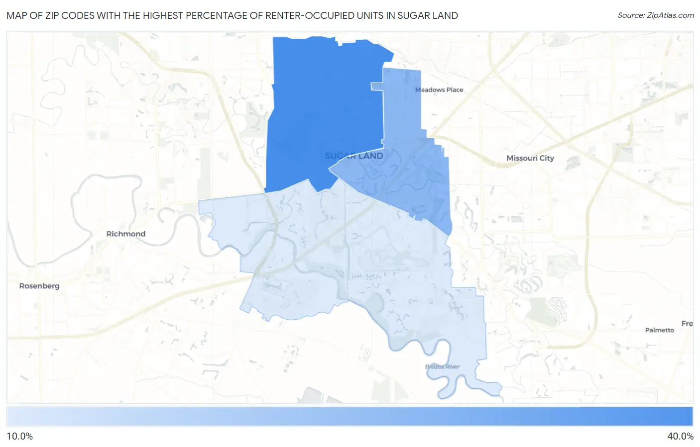 Zip Codes with the Highest Percentage of Renter-Occupied Units in Sugar Land Map