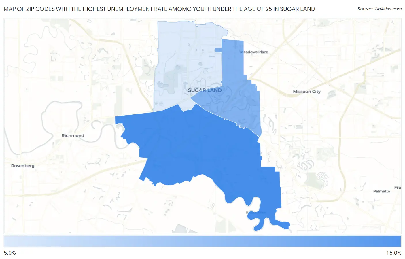 Zip Codes with the Highest Unemployment Rate Amomg Youth Under the Age of 25 in Sugar Land Map