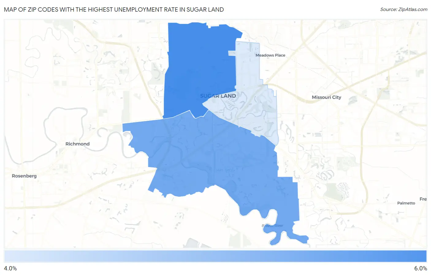 Zip Codes with the Highest Unemployment Rate in Sugar Land Map