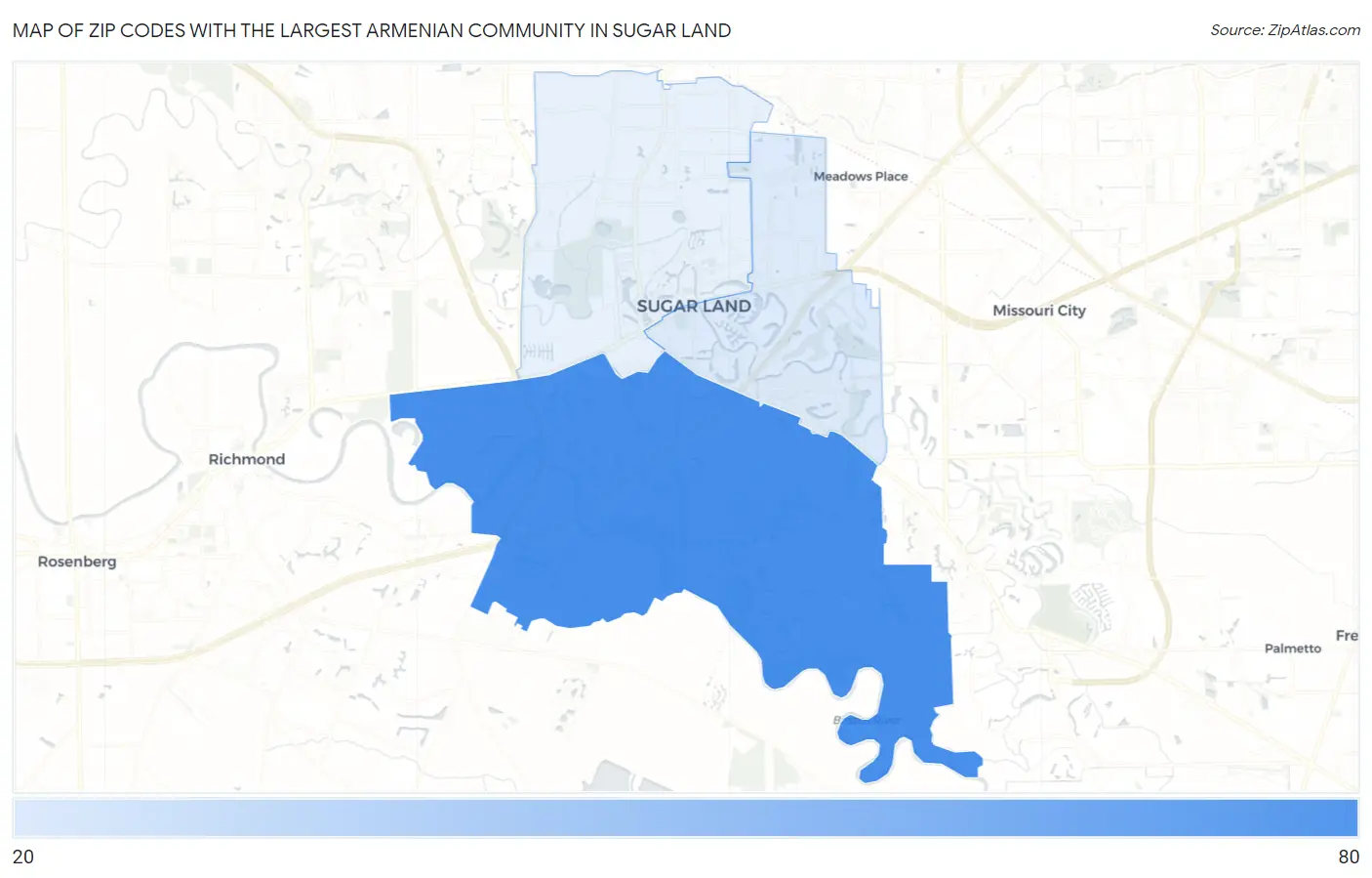 Zip Codes with the Largest Armenian Community in Sugar Land Map