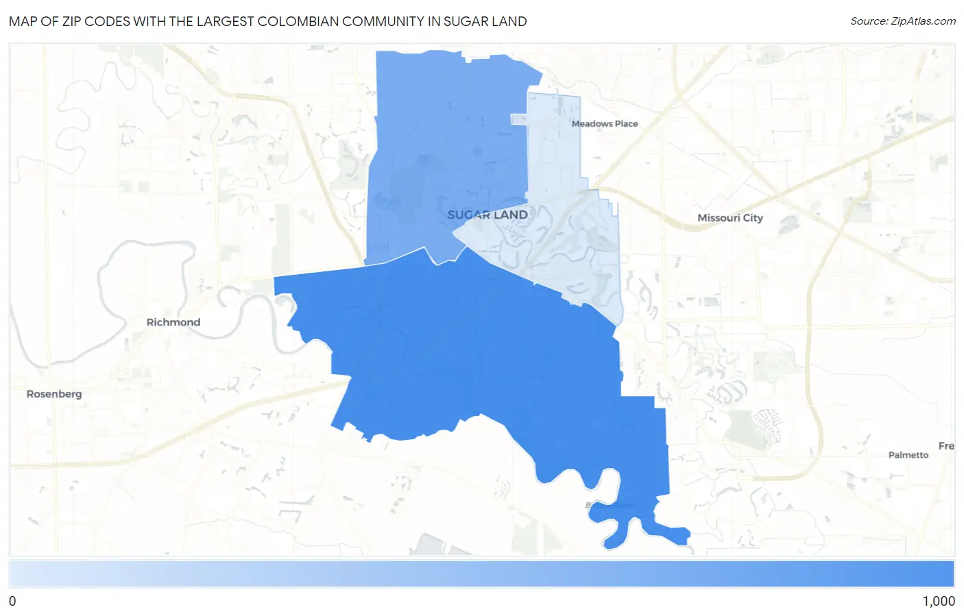 Zip Codes with the Largest Colombian Community in Sugar Land Map