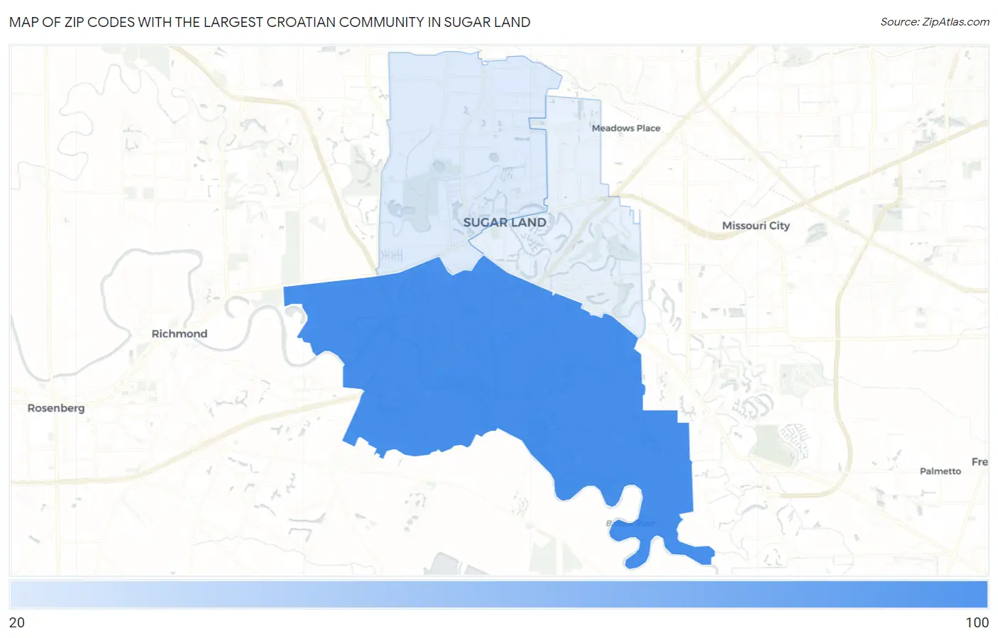 Zip Codes with the Largest Croatian Community in Sugar Land Map
