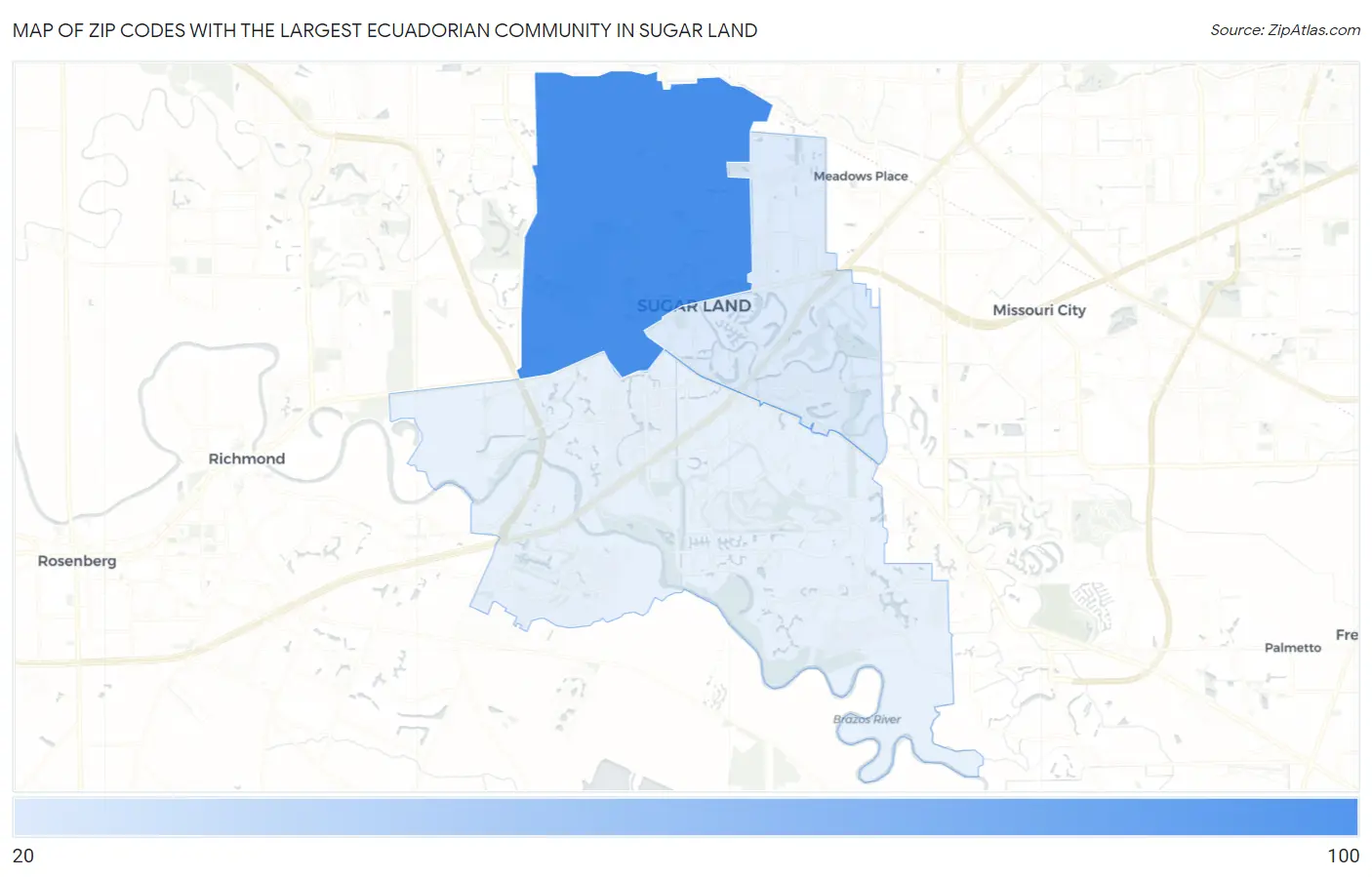 Zip Codes with the Largest Ecuadorian Community in Sugar Land Map