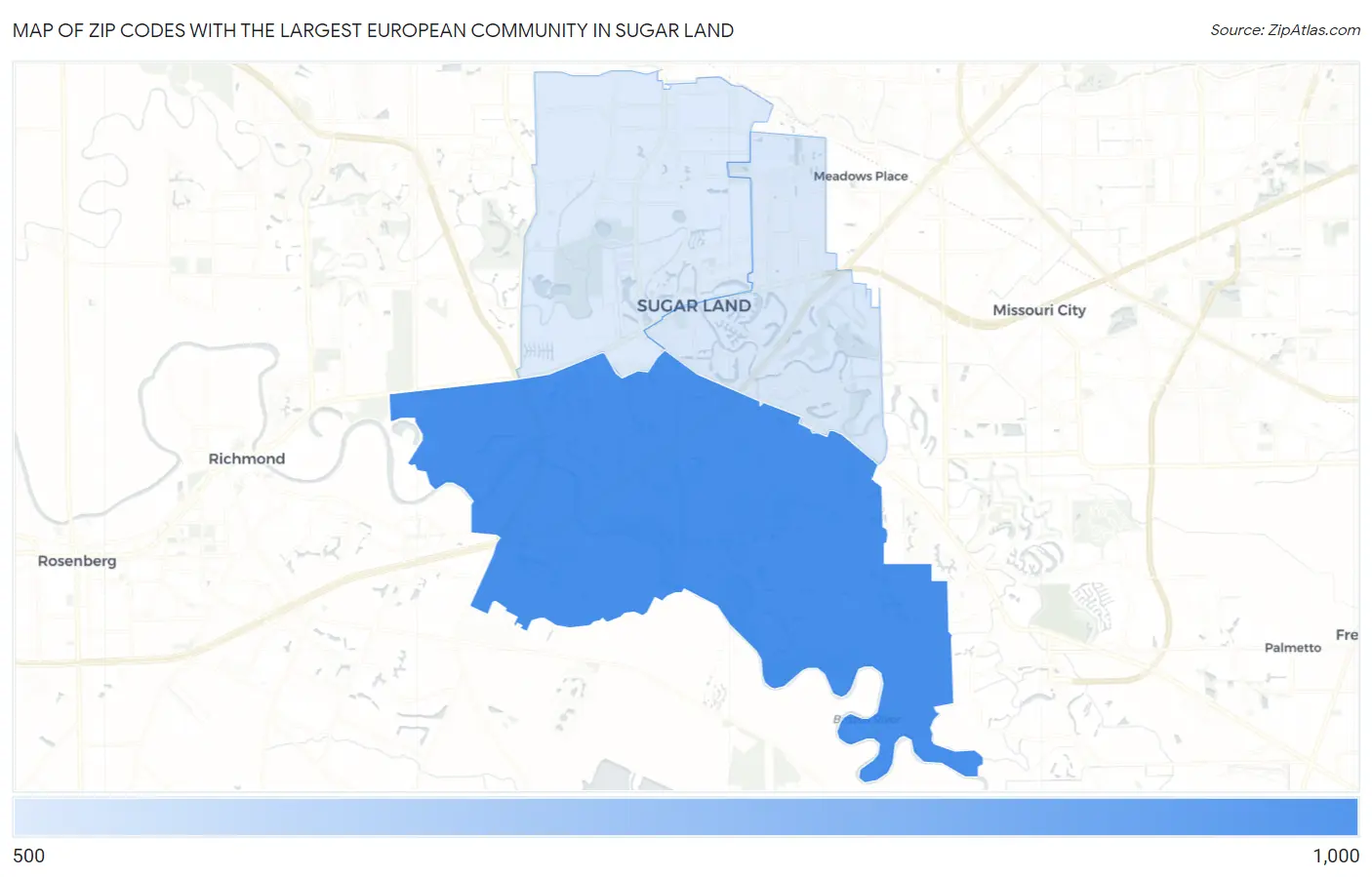 Zip Codes with the Largest European Community in Sugar Land Map