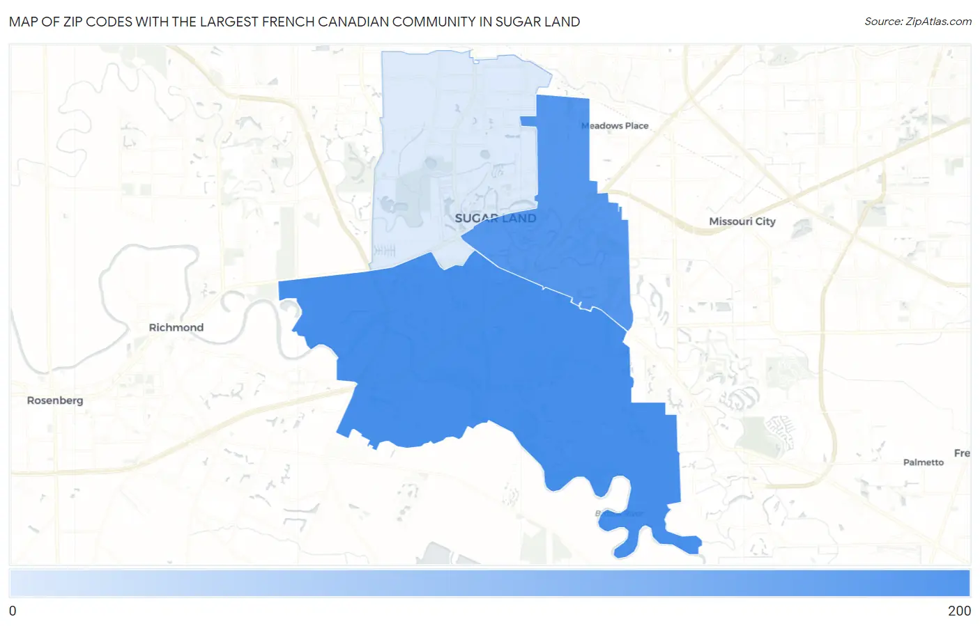 Zip Codes with the Largest French Canadian Community in Sugar Land Map
