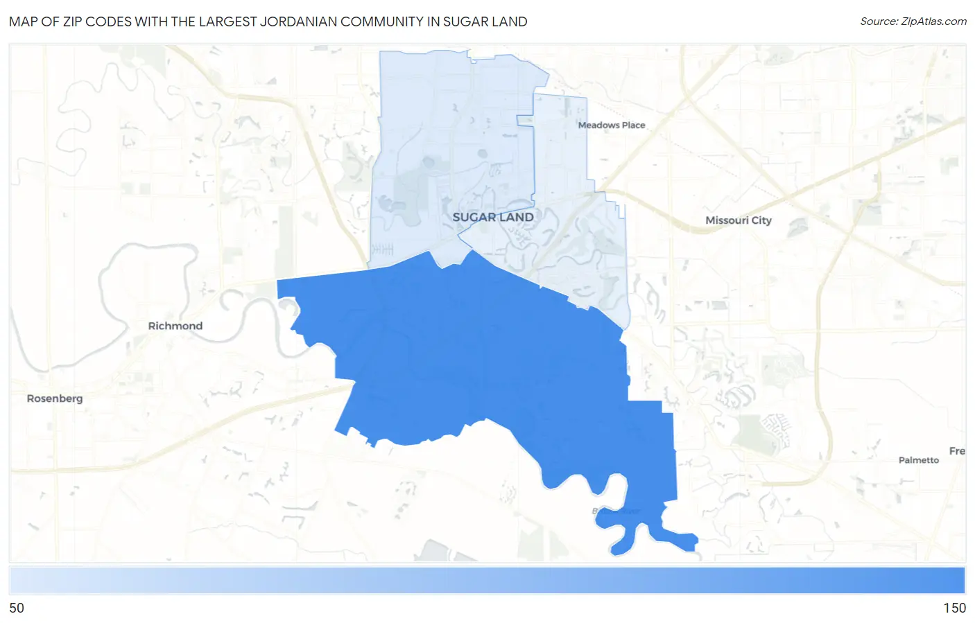 Zip Codes with the Largest Jordanian Community in Sugar Land Map