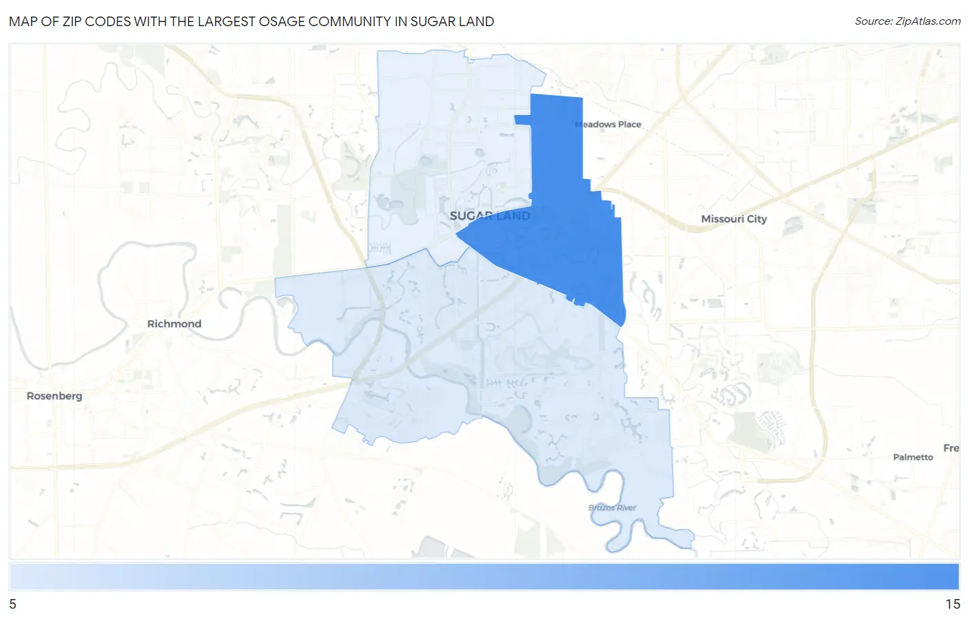 Zip Codes with the Largest Osage Community in Sugar Land Map