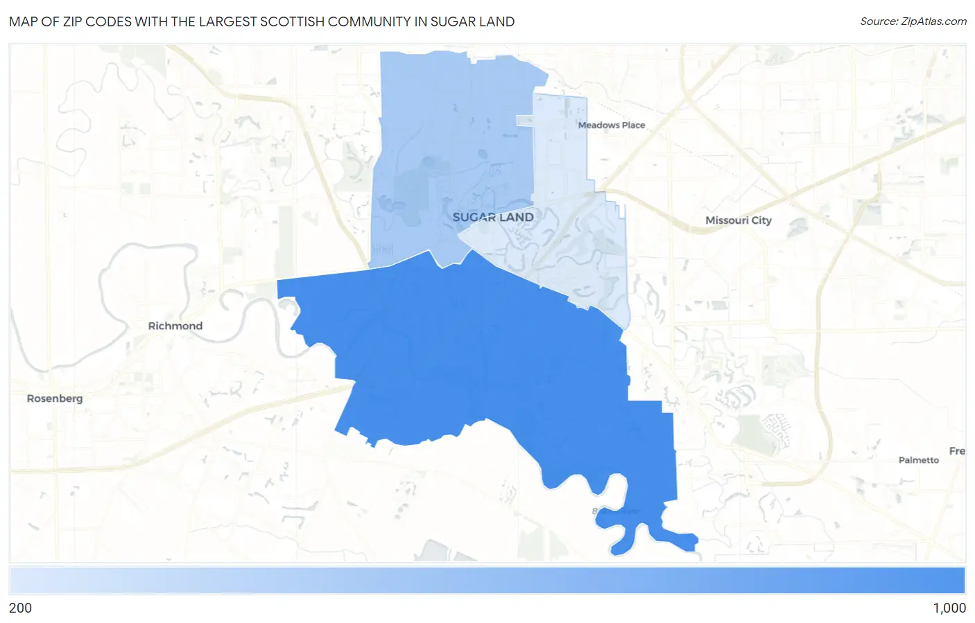 Zip Codes with the Largest Scottish Community in Sugar Land Map