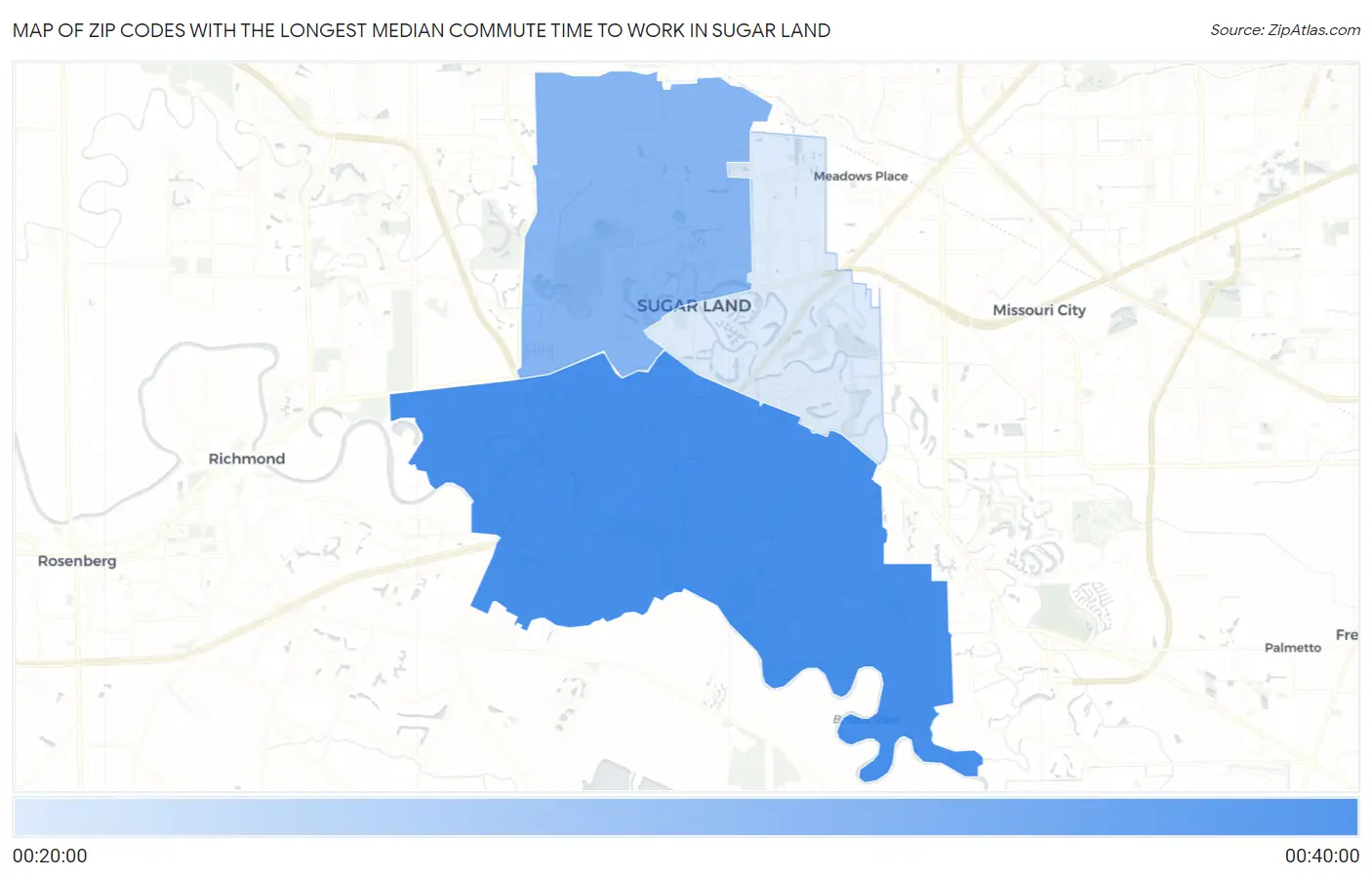 Zip Codes with the Longest Median Commute Time to Work in Sugar Land Map