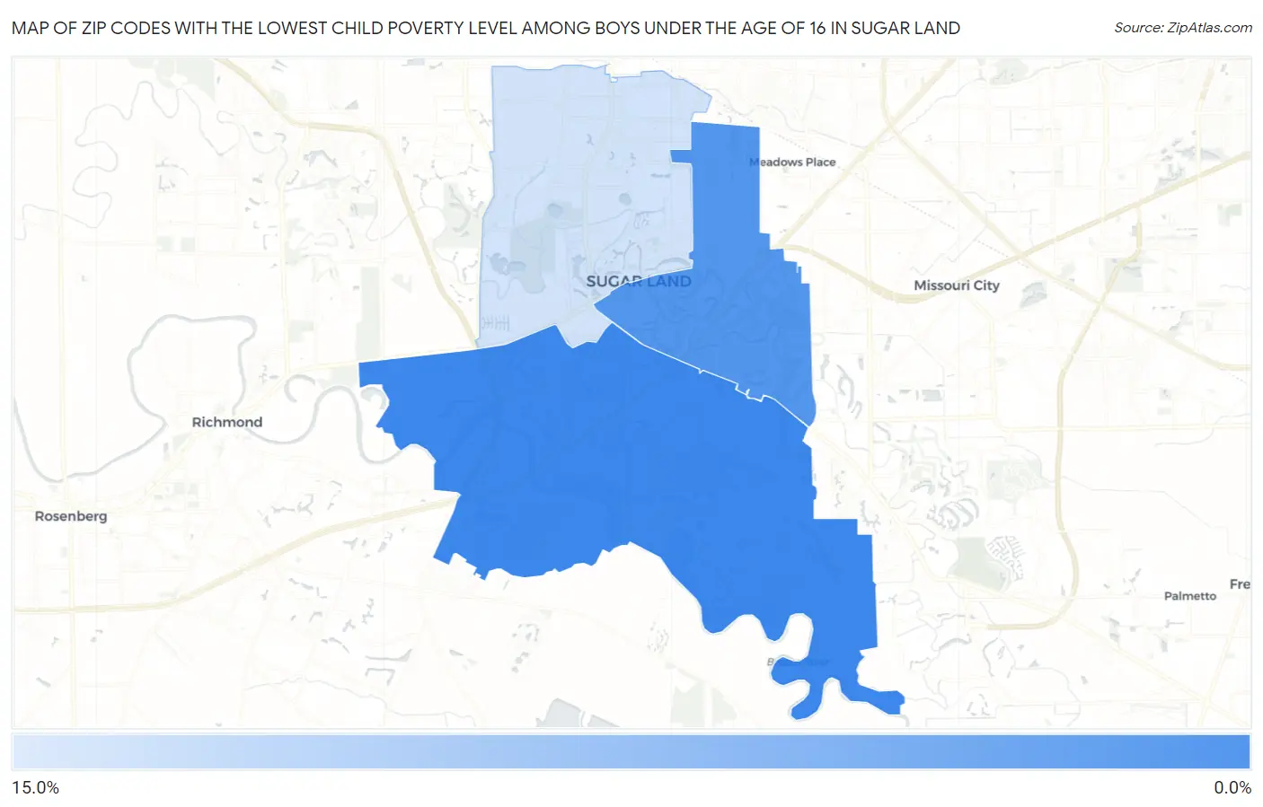Zip Codes with the Lowest Child Poverty Level Among Boys Under the Age of 16 in Sugar Land Map