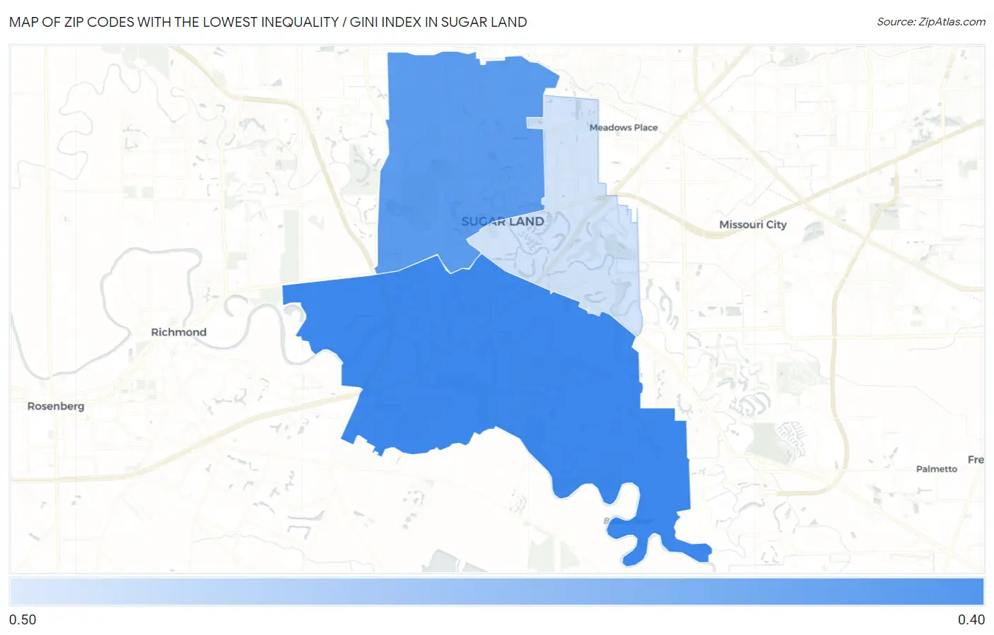 Zip Codes with the Lowest Inequality / Gini Index in Sugar Land Map