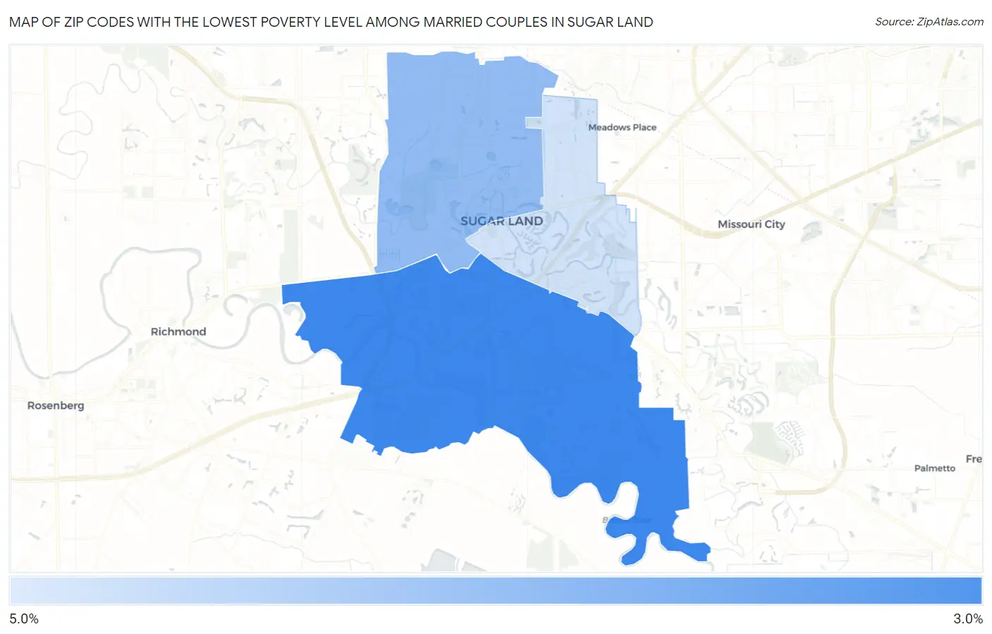 Zip Codes with the Lowest Poverty Level Among Married Couples in Sugar Land Map