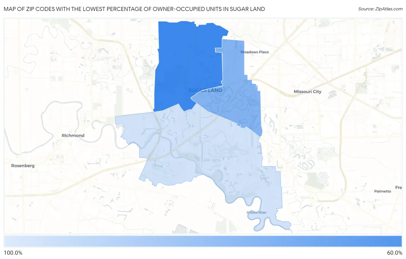 Zip Codes with the Lowest Percentage of Owner-Occupied Units in Sugar Land Map