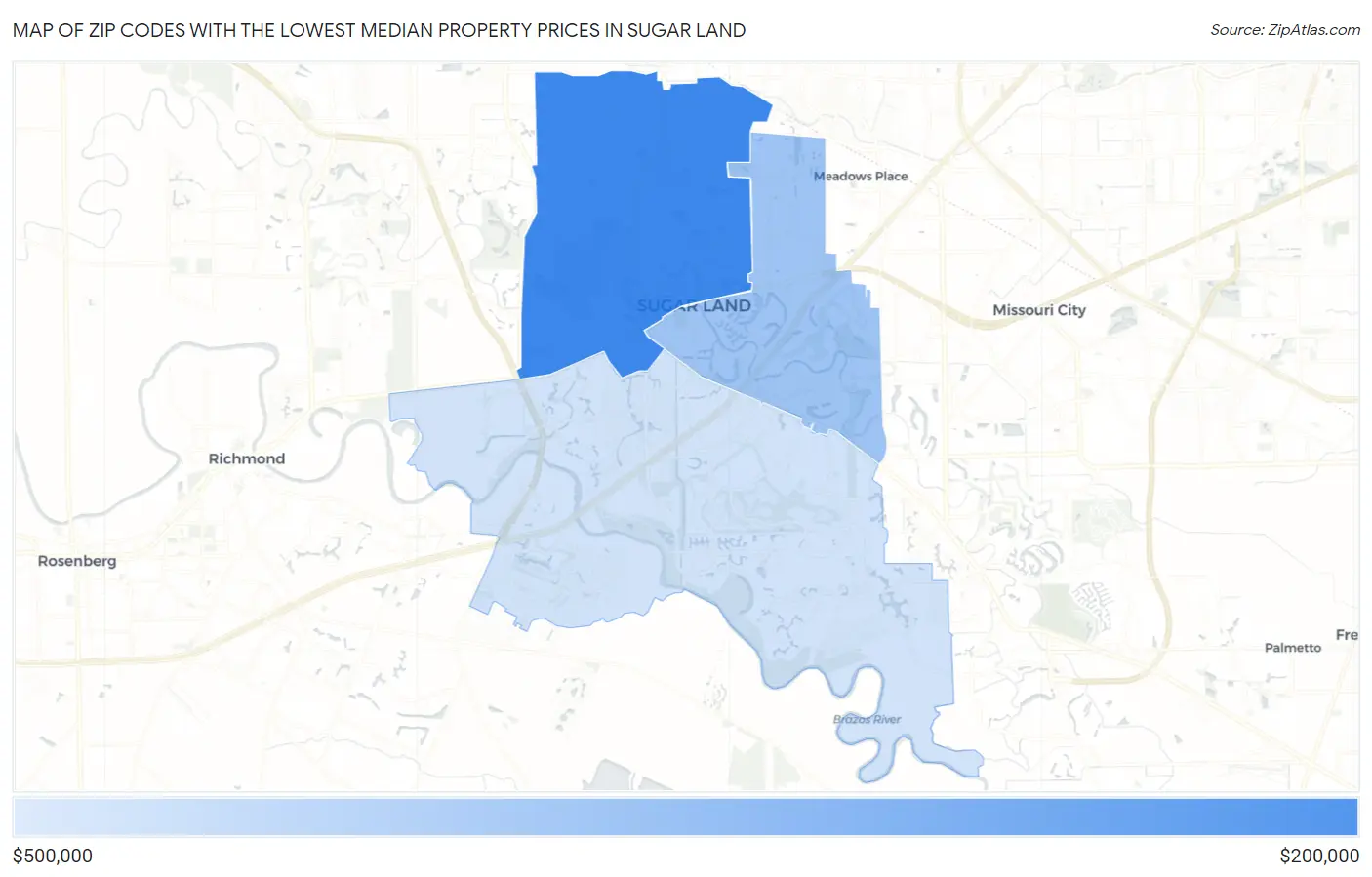 Zip Codes with the Lowest Median Property Prices in Sugar Land Map