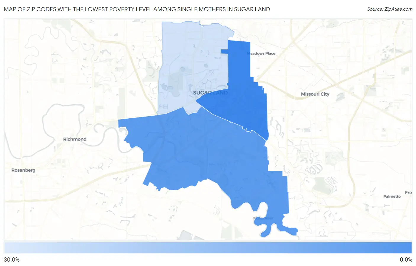 Zip Codes with the Lowest Poverty Level Among Single Mothers in Sugar Land Map