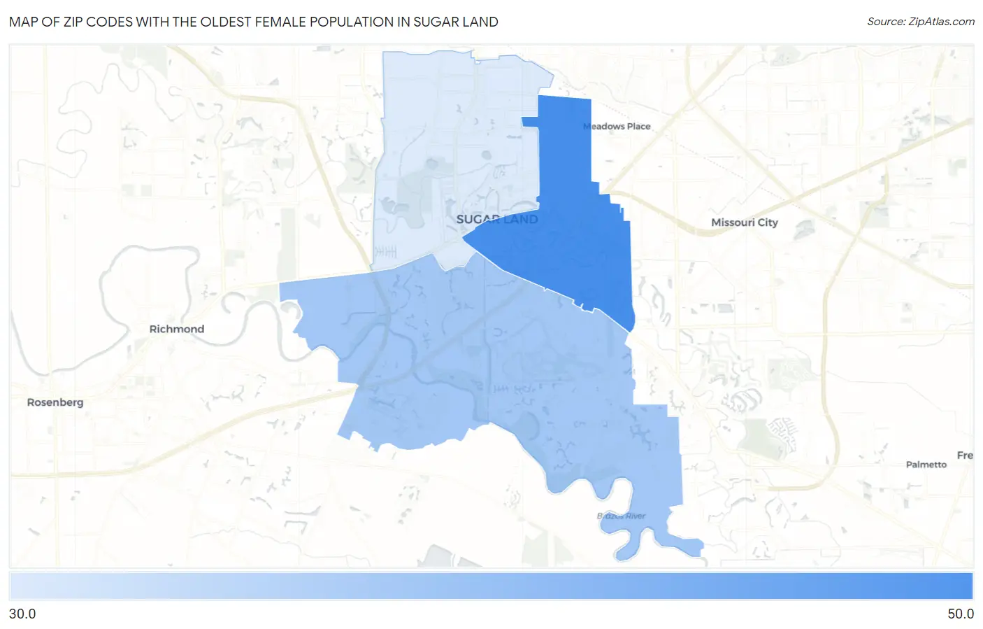 Zip Codes with the Oldest Female Population in Sugar Land Map
