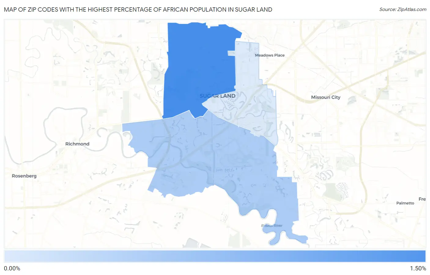 Zip Codes with the Highest Percentage of African Population in Sugar Land Map