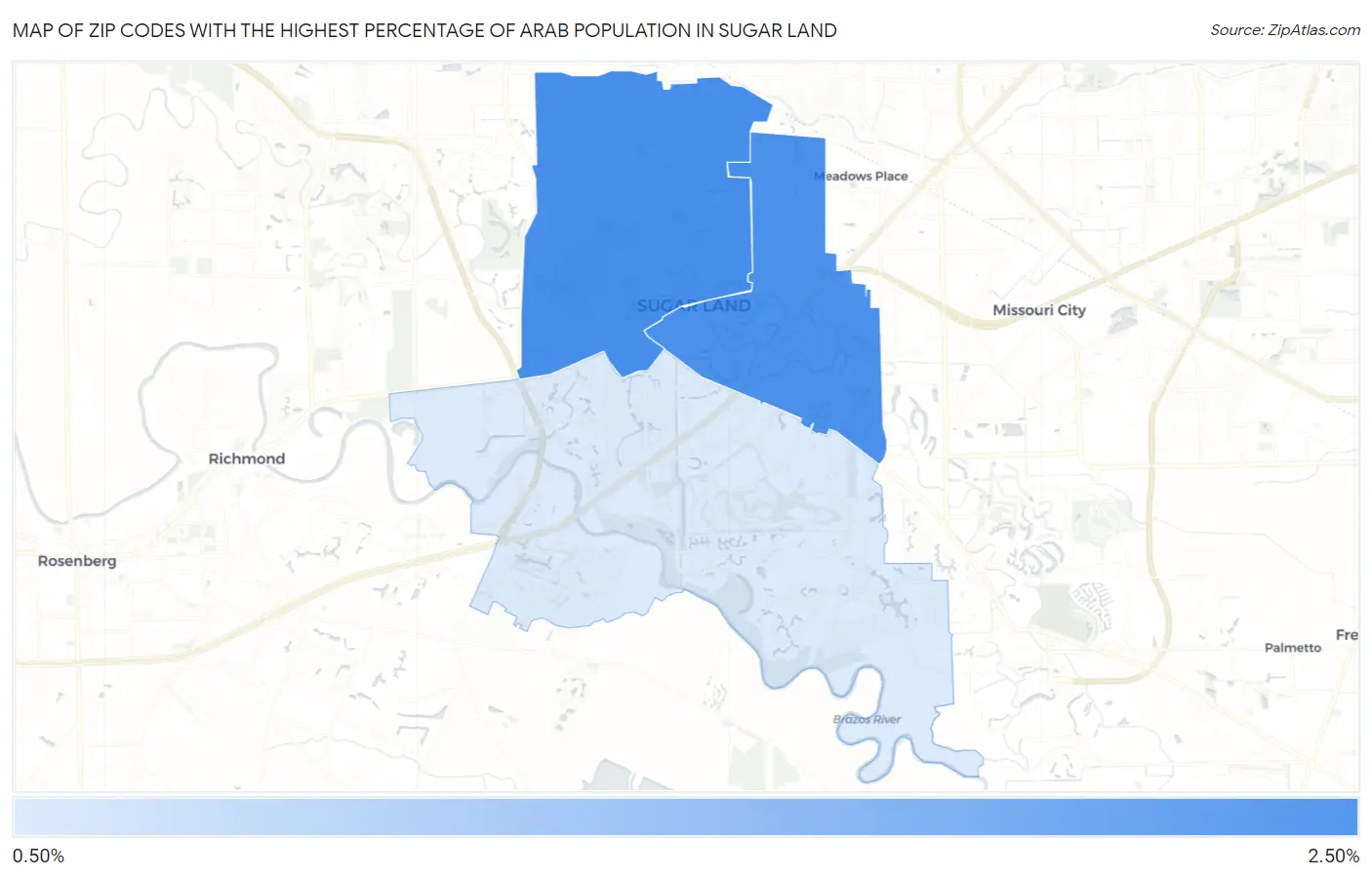 Zip Codes with the Highest Percentage of Arab Population in Sugar Land Map