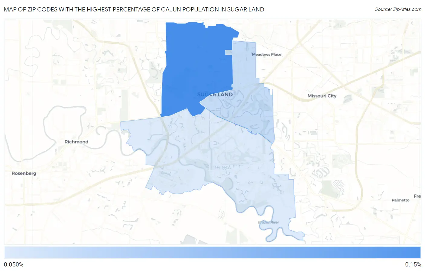 Zip Codes with the Highest Percentage of Cajun Population in Sugar Land Map